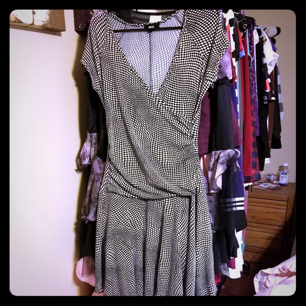 EUC Macy's B&W Dot Print Wrap Front Dress